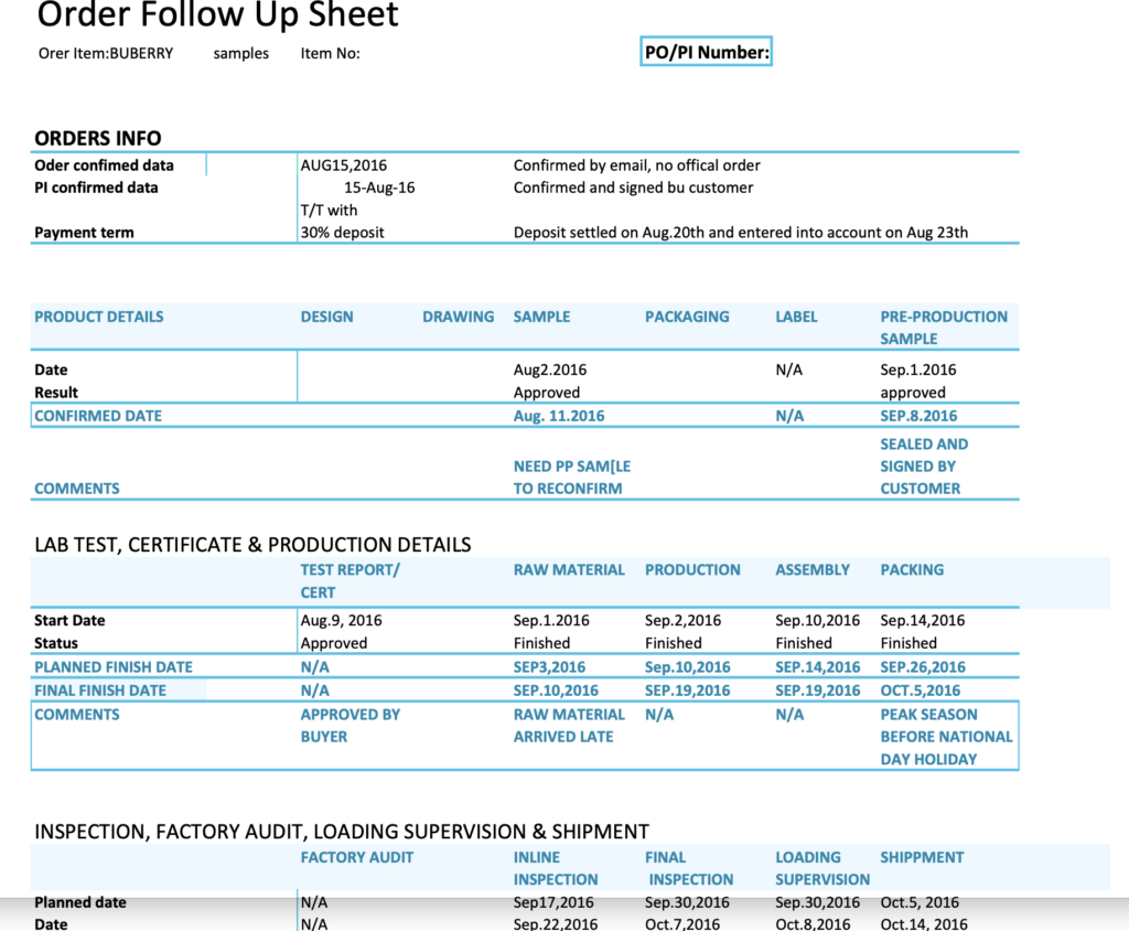 Order follow up sheet