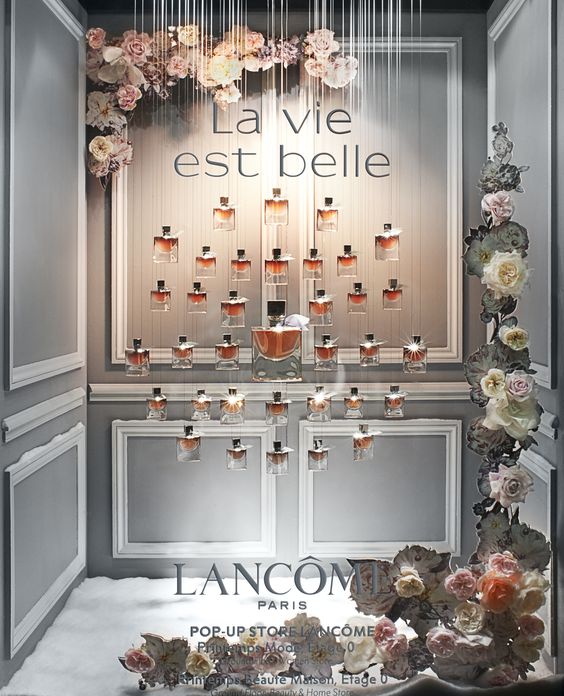 Artificial flower window display for perfume