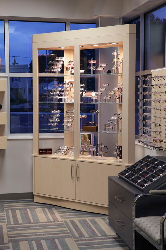 Glasses displayed in a glass cabinet