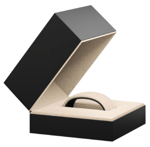 Branded watch display box with velvet insert and gold foil log