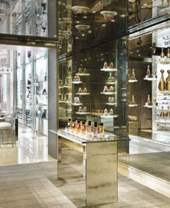 Branded gondola fixture with oak laminate and LED branding