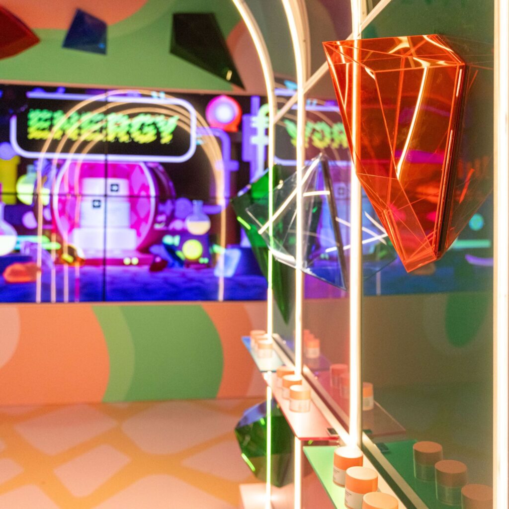 Summer retail window display with transparent acrylic risers