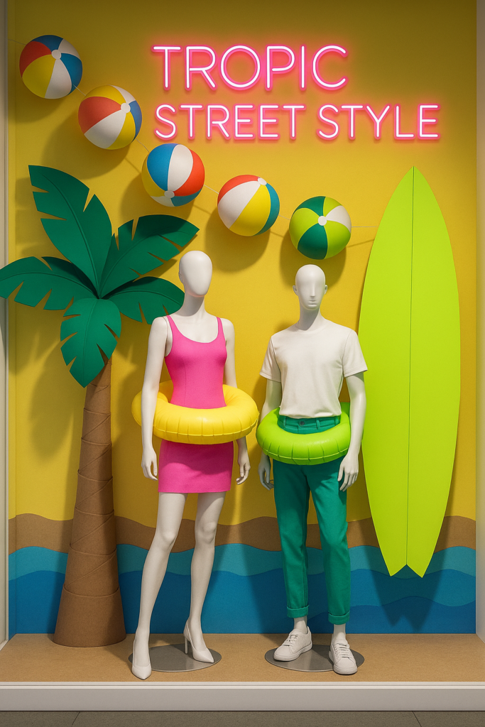 Fashion window display with two mannequins wearing bright summer outfits, UV-reactive lime green surfboard, kraft coconut tree, paper swim rings, and diagonal beach ball garland on a sunset-inspired yellow background.
