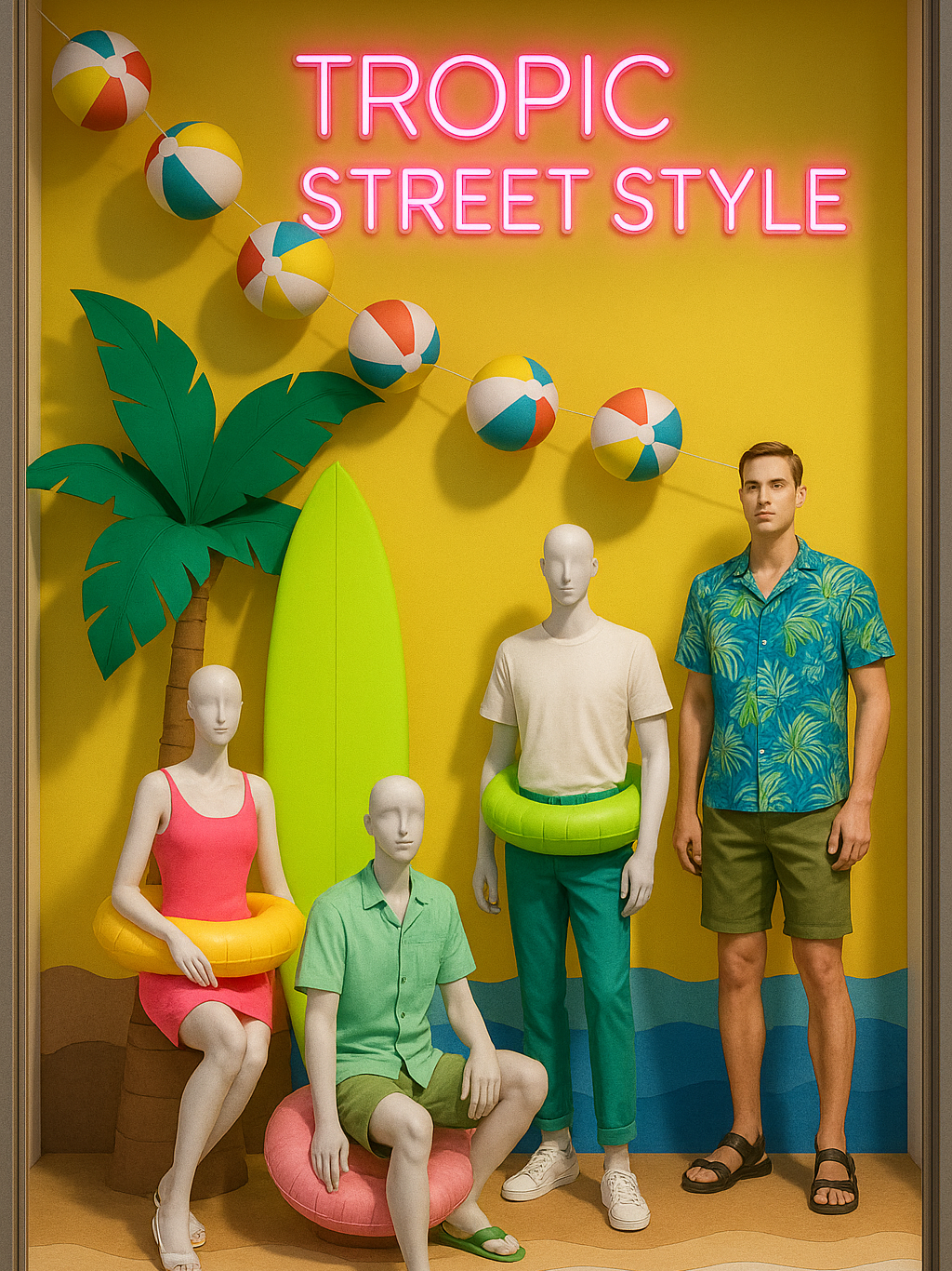 Fashion window display with two mannequins wearing bright summer outfits, UV-reactive lime green surfboard, kraft coconut tree, paper swim rings, and diagonal beach ball garland on a sunset-inspired yellow background.