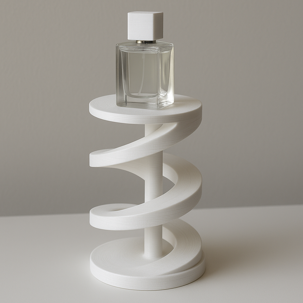 3D printed spiral perfume display stand in matte white with modern helix design