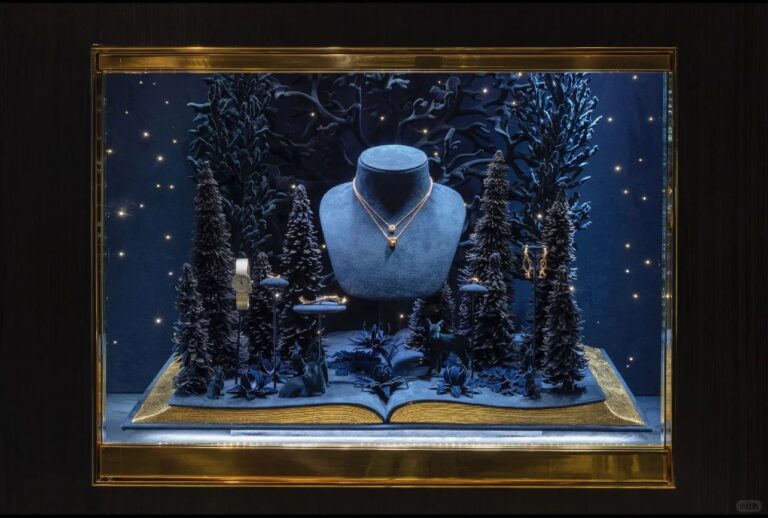 Luxury fashion window display with lavender paper arches and gradient backdrop