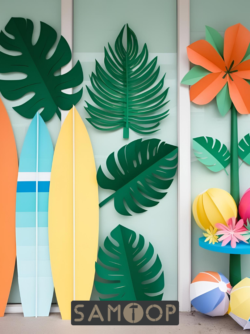 Tropical-themed visual merchandising display with paper surfboards, palm leaves, hibiscus flower, and colorful paper beach balls in front of a retail window. Created by Samtop Display.