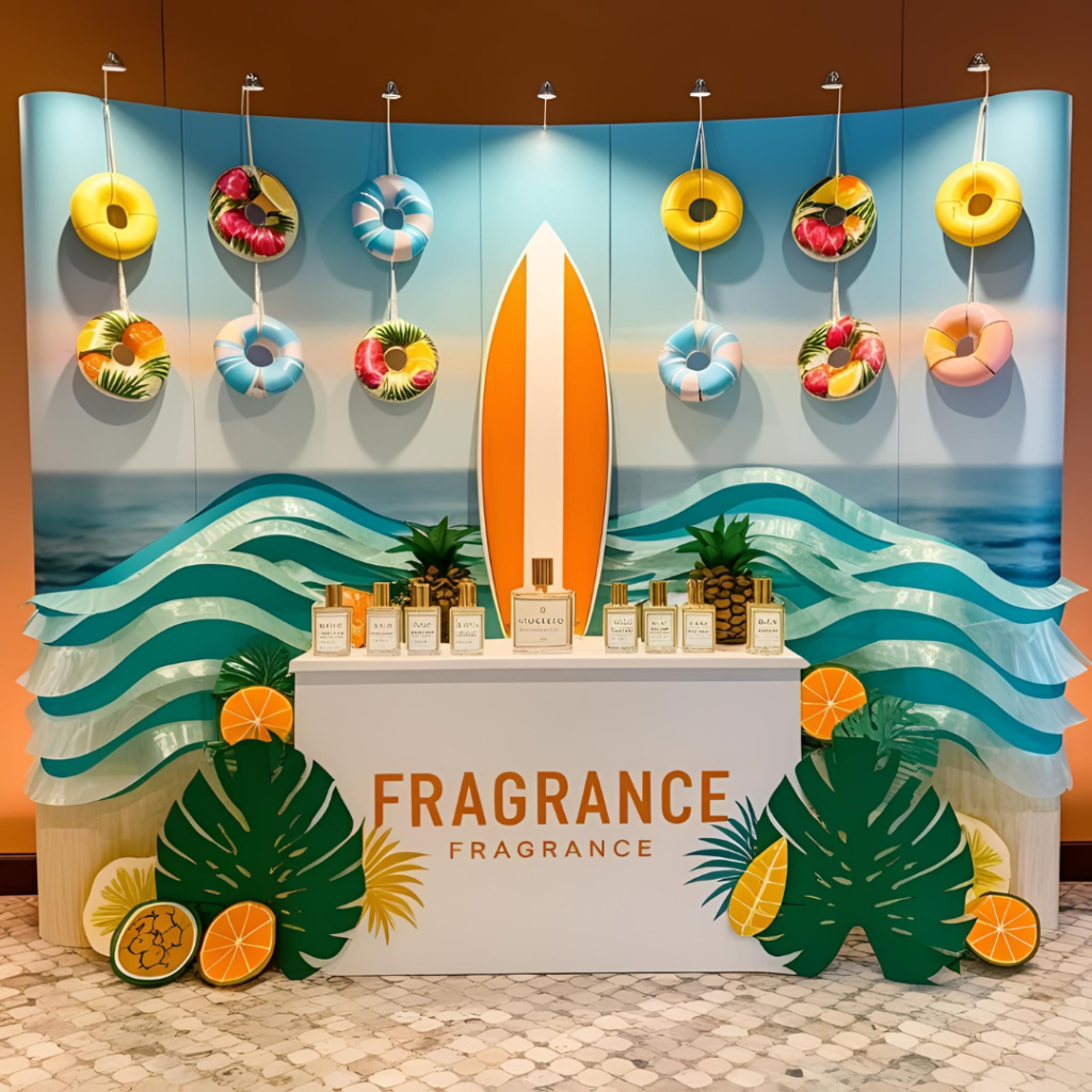 Fragrance counter pop-up display featuring hanging paper pool floats, branded surfboard backdrop, layered vellum ocean waves, tropical paper fruits, and warm sunset lighting.
