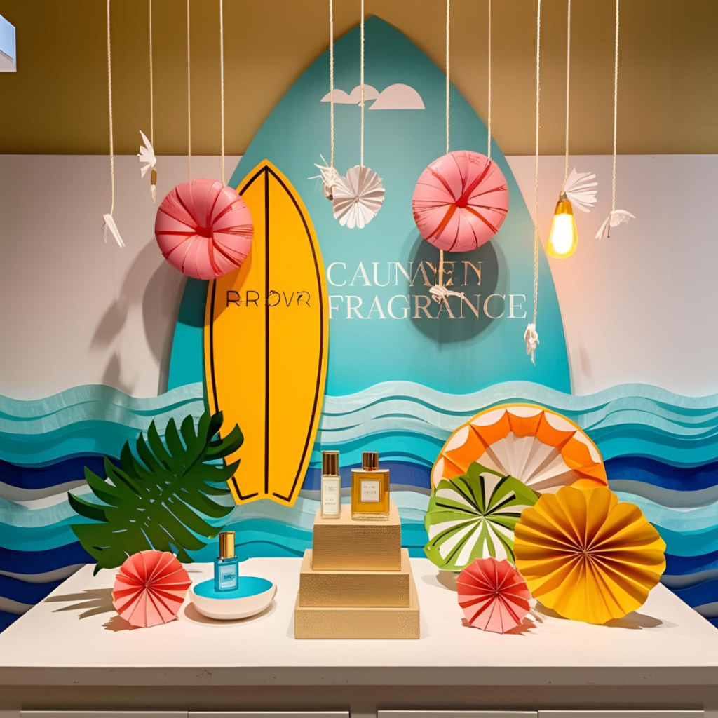 Fragrance counter pop-up display featuring hanging paper pool floats, branded surfboard backdrop, layered vellum ocean waves, tropical paper fruits, and warm sunset lighting.