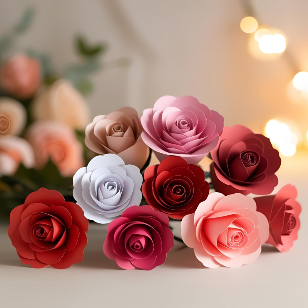 Close-up of handcrafted beige paper roses with layered petals displayed on rustic wooden surface, surrounded by scattered pink rose petals.