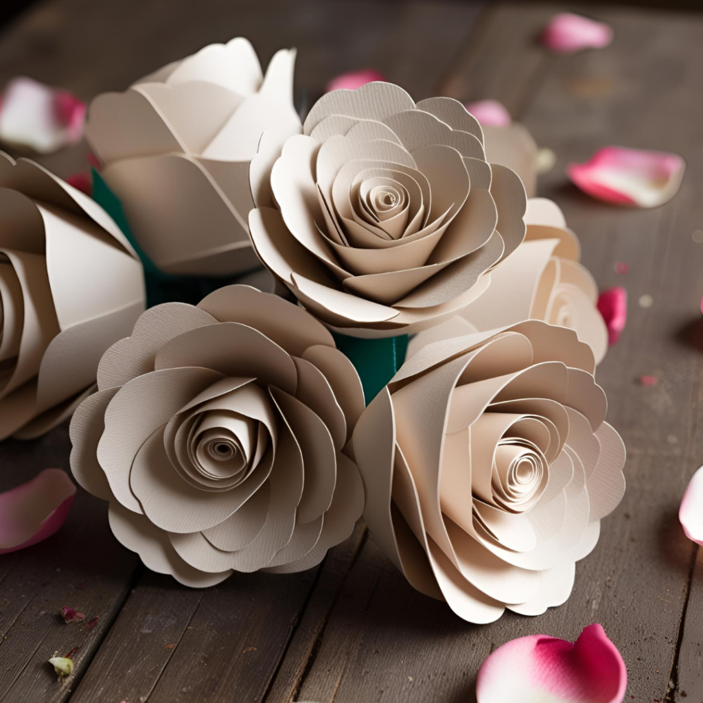 Close-up of handcrafted beige paper roses with layered petals displayed on rustic wooden surface, surrounded by scattered pink rose petals.