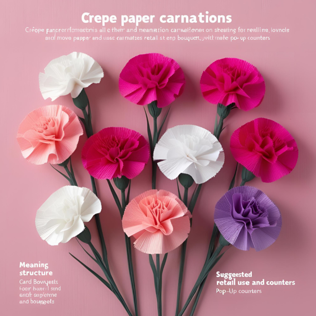 Crepe paper carnations in pink, white, and lavender arranged on a soft pink background with infographic text about their meaning, structure, and suggested retail uses such as card bouquets and pop-up counters.