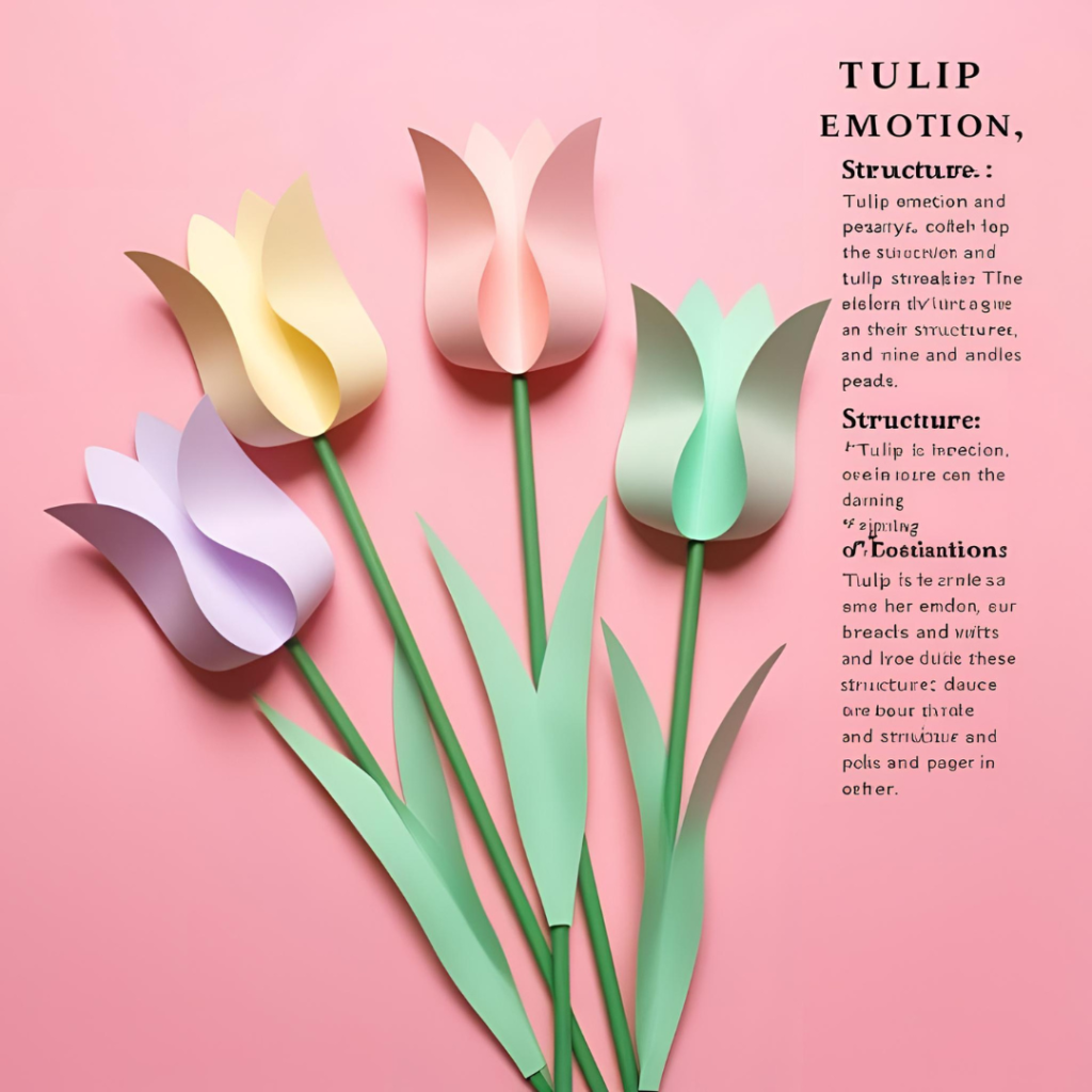 Three pastel-colored paper tulips with curved petals and green stems arranged on a pink background, next to descriptive text highlighting tulip emotion, structure, and