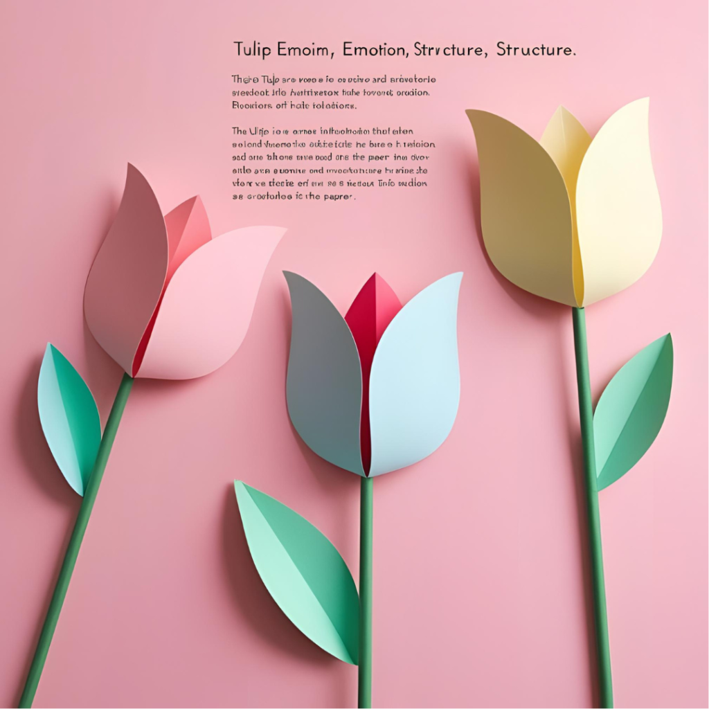 Three pastel-colored paper tulips with curved petals and green stems arranged on a pink background, next to descriptive text highlighting tulip emotion, structure, and