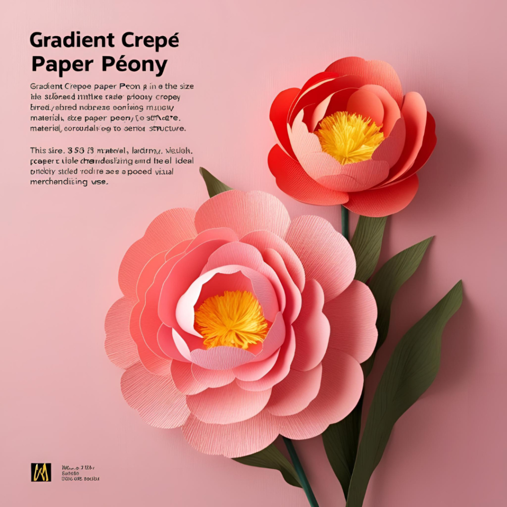 Gradient crepe paper peony in shades of pink and coral with a vibrant yellow center, displayed on a soft pink background with text describing its size, material, structure, and ideal visual merchandising use.