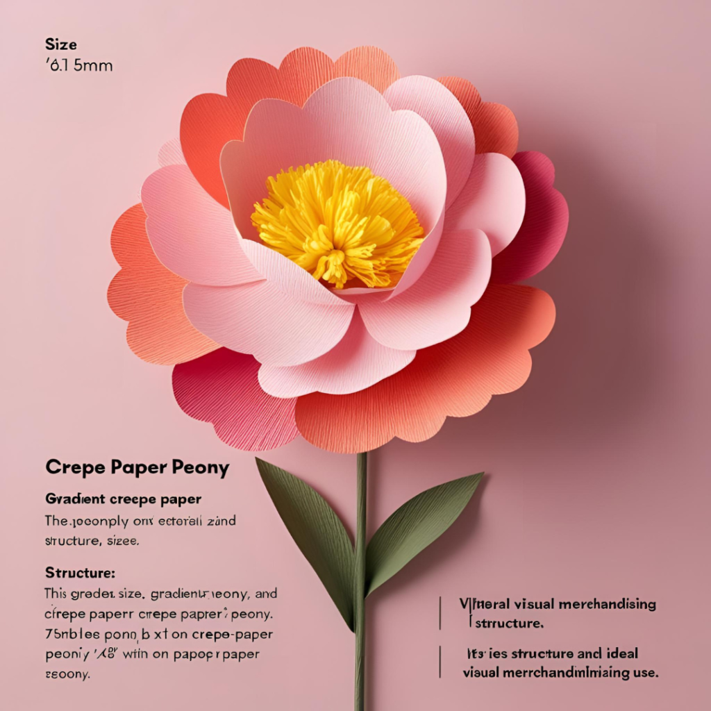 Gradient crepe paper peony in shades of pink and coral with a vibrant yellow center, displayed on a soft pink background with text describing its size, material, structure, and ideal visual merchandising use.