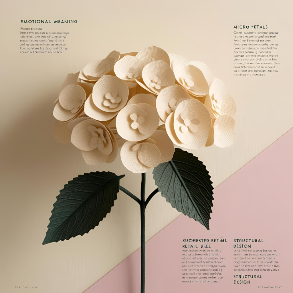 Cream-colored crepe paper hydrangea bloom with clustered micro-petals and dark green leaves, displayed on a pastel background with text detailing emotional meaning, suggested retail uses, and structural design.