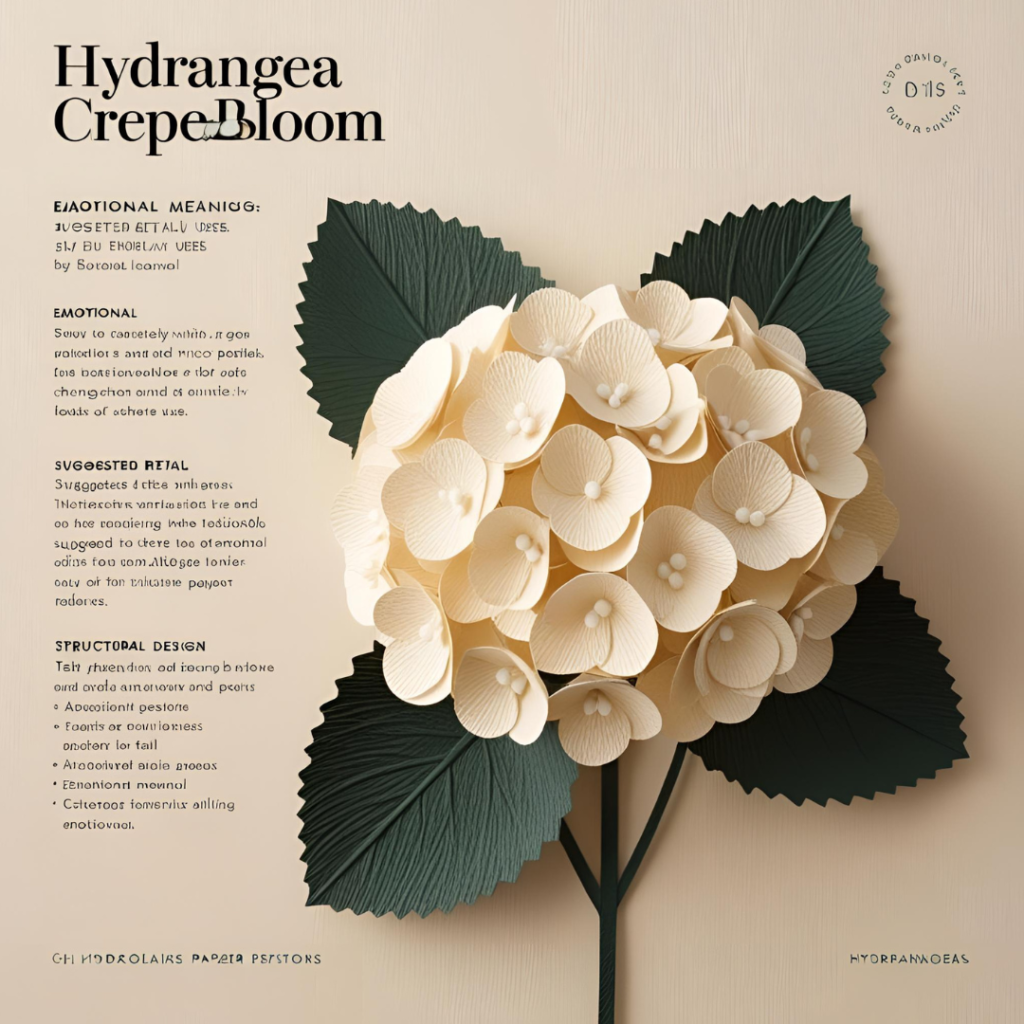 Cream-colored crepe paper hydrangea bloom with clustered micro-petals and dark green leaves, displayed on a pastel background with text detailing emotional meaning, suggested retail uses, and structural design.