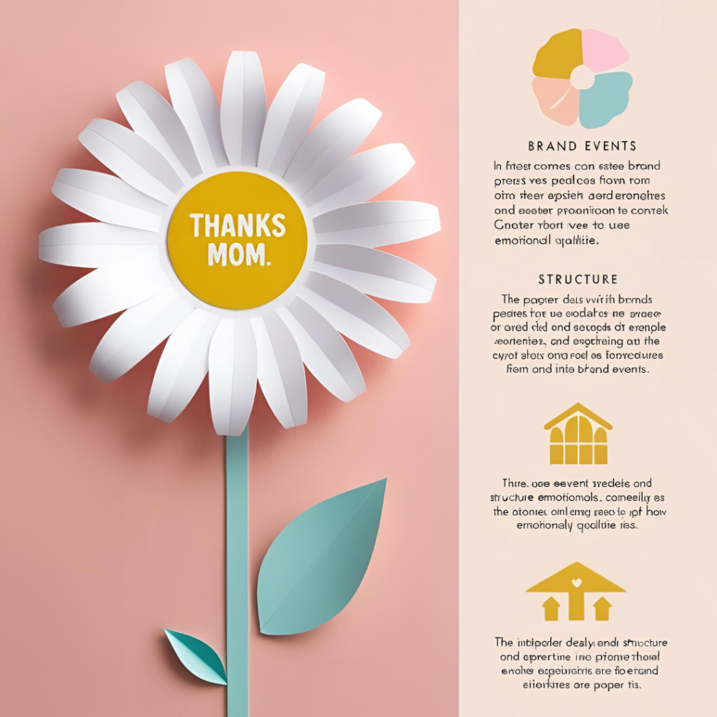 Paper daisy with white petals and yellow disc center printed with “Thanks Mom,” displayed on a pastel background alongside infographic text describing its use in brand events, structure, and emotional qualities.