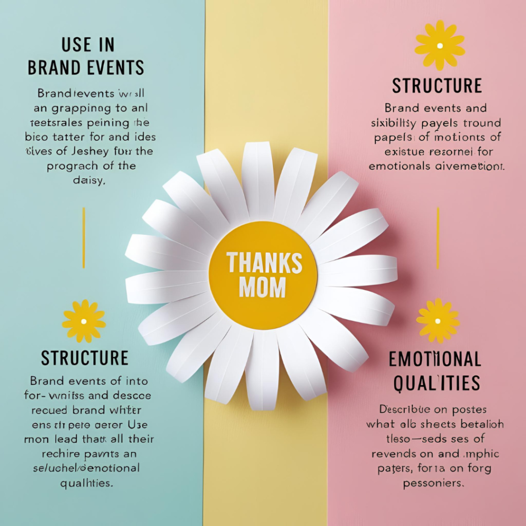 Paper daisy with white petals and yellow disc center printed with “Thanks Mom,” displayed on a pastel background alongside infographic text describing its use in brand events, structure, and emotional qualities.