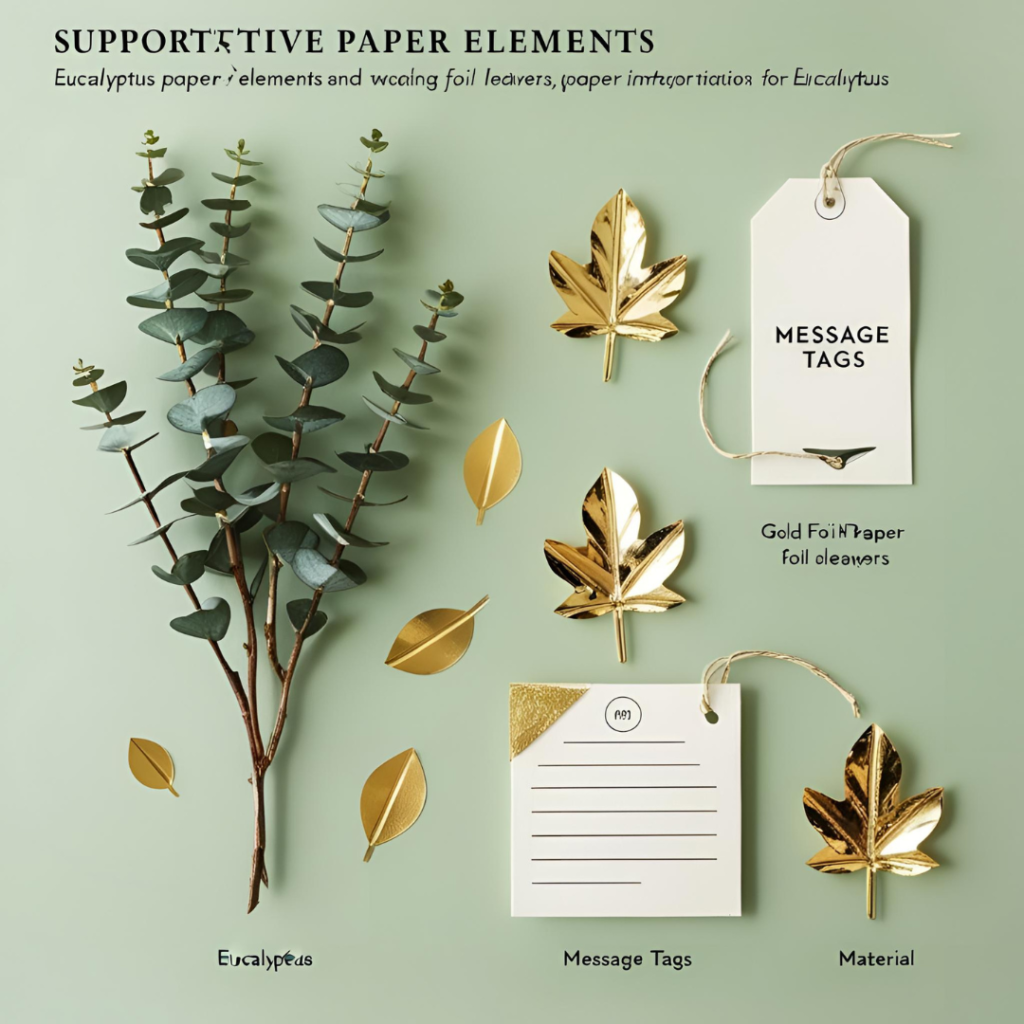 Infographic on supportive paper elements including eucalyptus sprigs, gold foil leaves, and message tags, shown on a pale green background with labeled usage and material details.