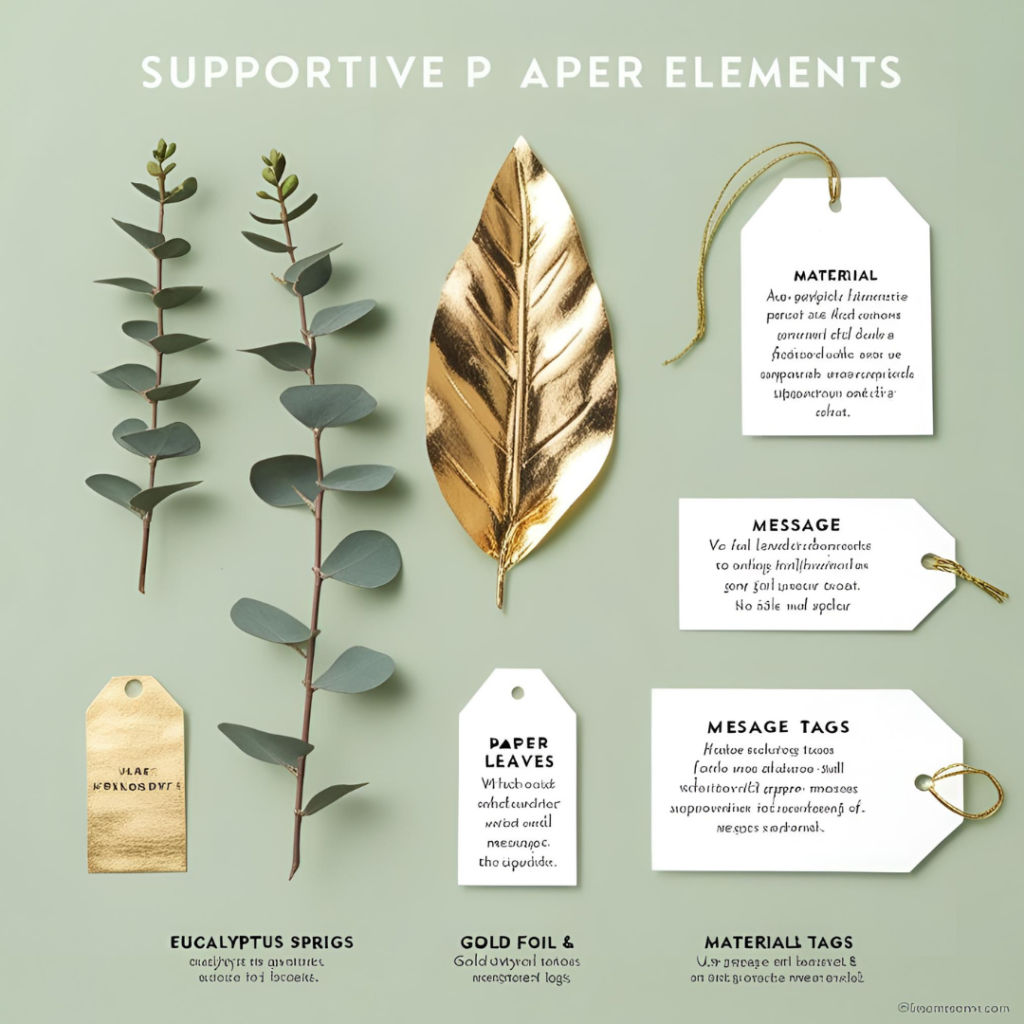 Infographic on supportive paper elements including eucalyptus sprigs, gold foil leaves, and message tags, shown on a pale green background with labeled usage and material details.