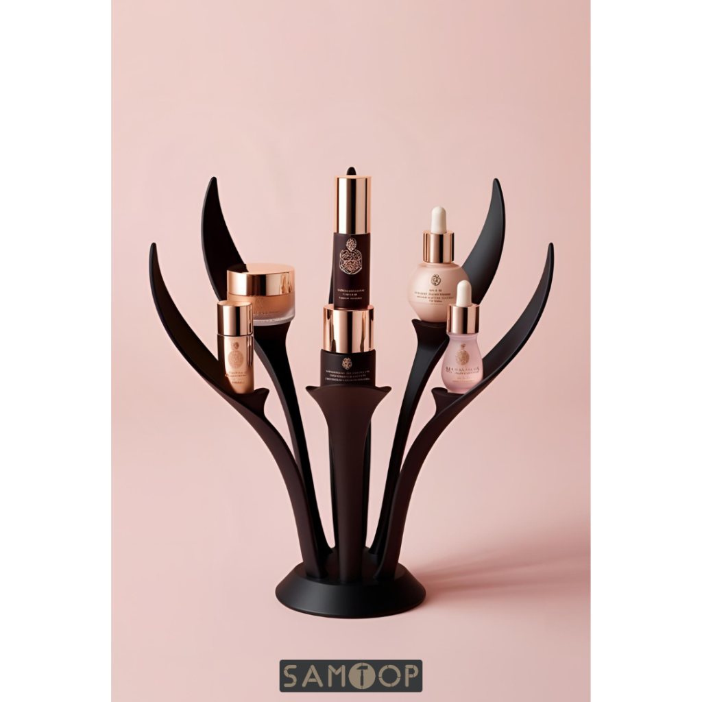 A luxury cosmetics brand creates a custom 3D printed display stand in the shape of a flower, with each petal curving to hold a different product, offering a visually captivating experience that aligns with the brand's elegant identity.