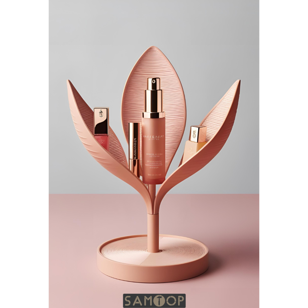 A luxury cosmetics brand creates a custom 3D printed display stand in the shape of a flower, with each petal curving to hold a different product, offering a visually captivating experience that aligns with the brand's elegant identity.