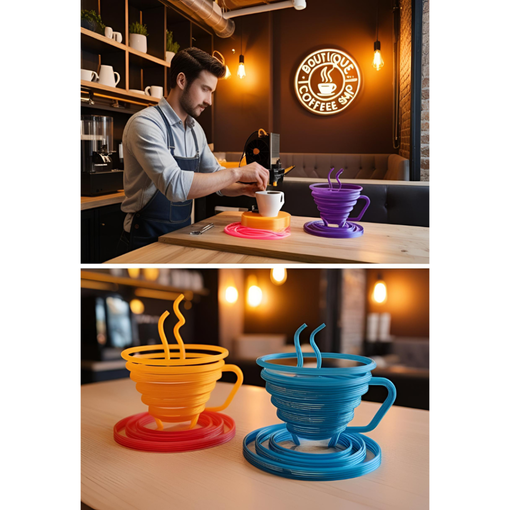 A boutique coffee shop uses 3D printing to create a custom 3D sign shaped like a coffee cup, with intricate engraved patterns to enhance customer interaction and create a memorable visual experience.