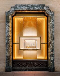 Luxury flagship retail display wall with hero zone