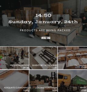 Factory workers assembling retail floor fixtures in China with metal, MDF and acrylic components