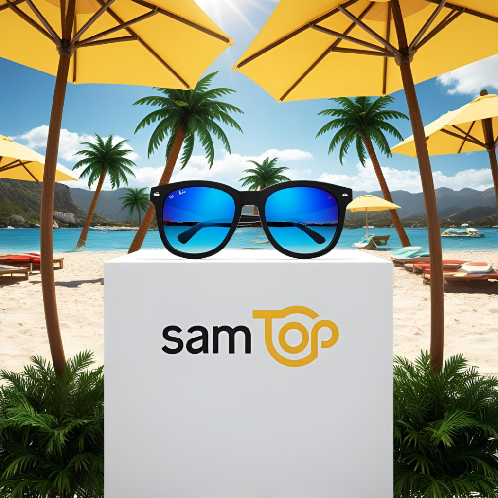 sunlight themed sunglasses display with palm trees and beach umbrellas