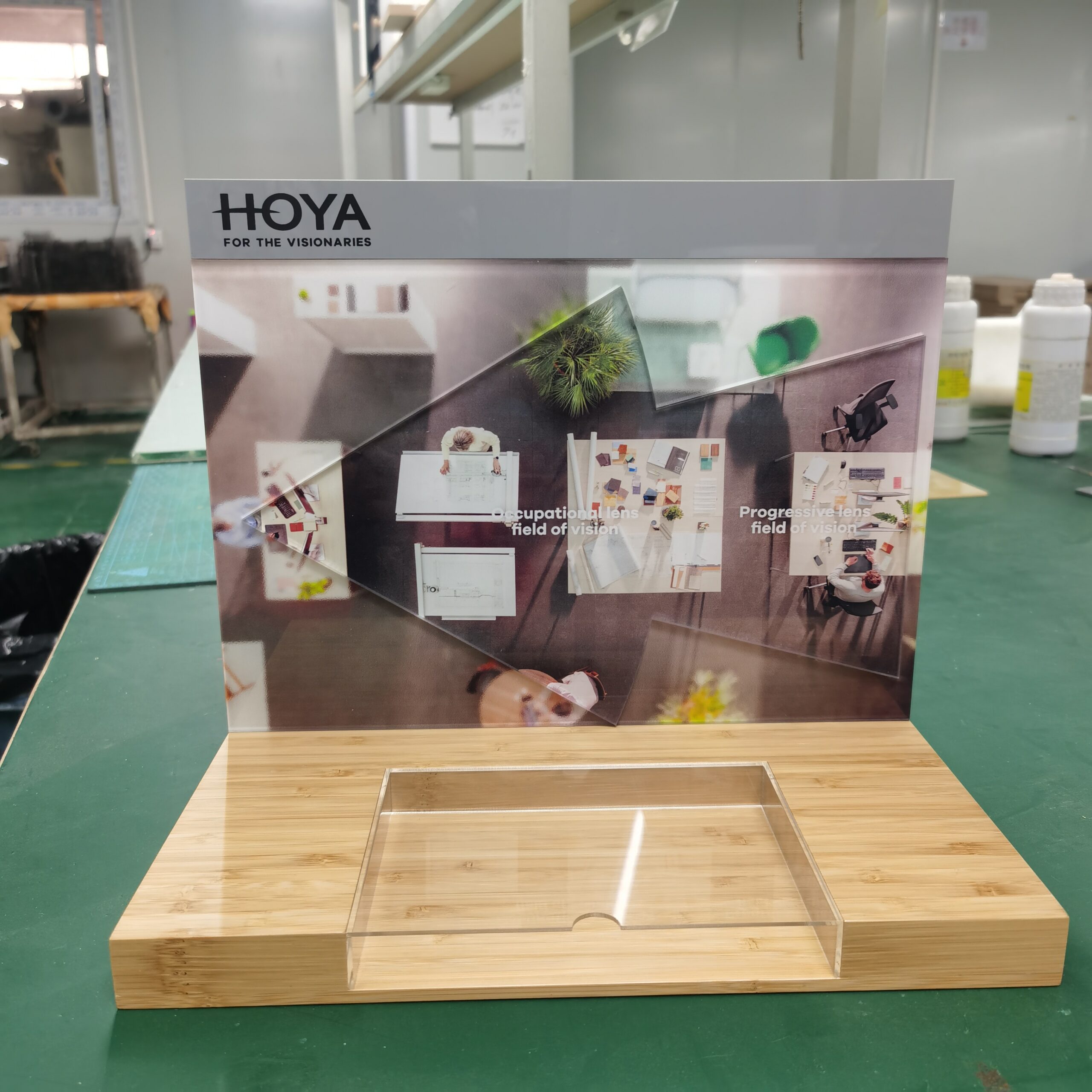 luxury eyewear counter display with LED lighting