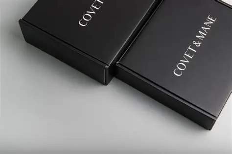 Minimalist black custom packaging boxes with clean typography for a modern luxury brand presentation