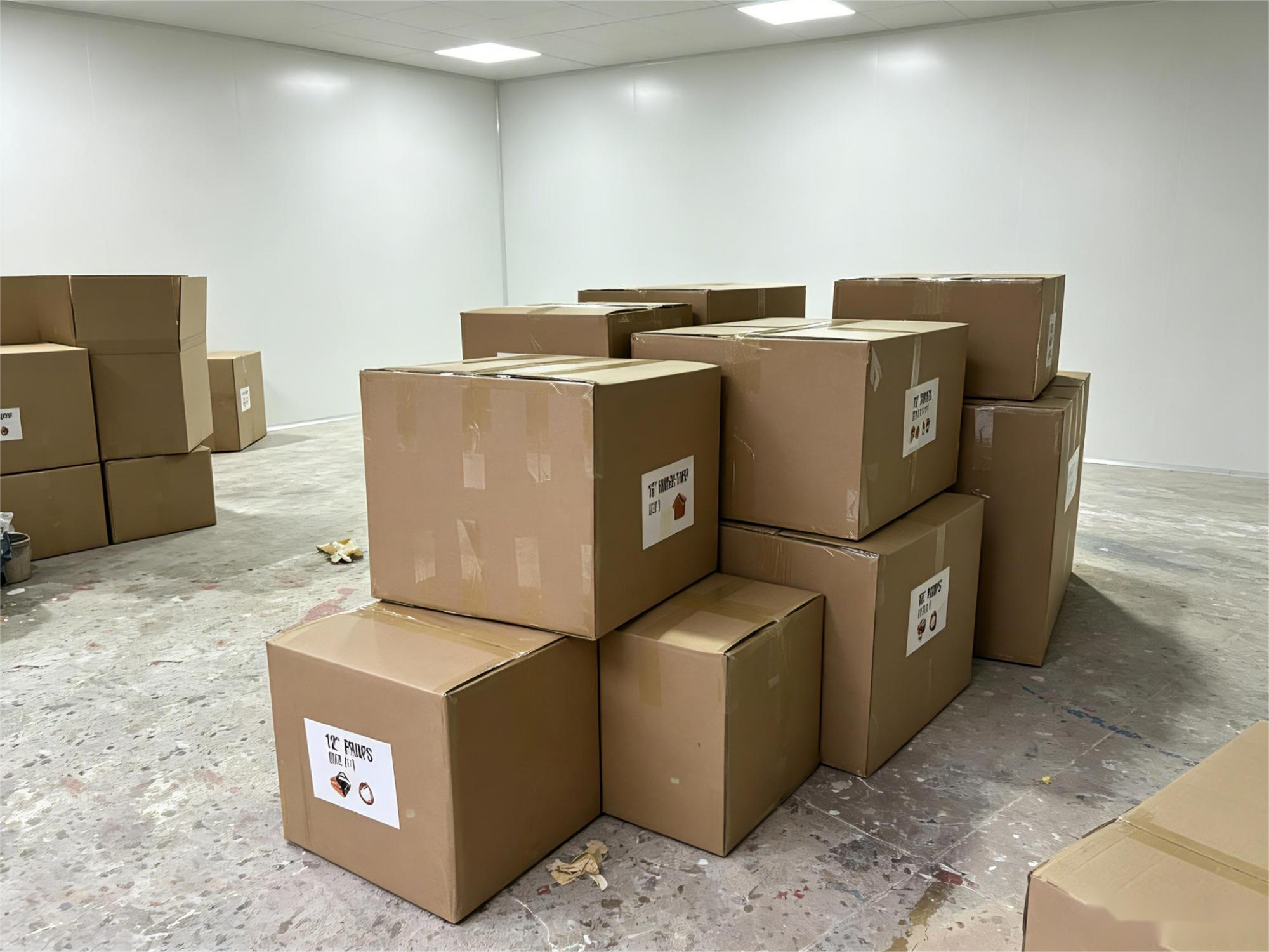 Stacked cartons of custom display props organized and labeled by installation sequence before shipment to the mall site.