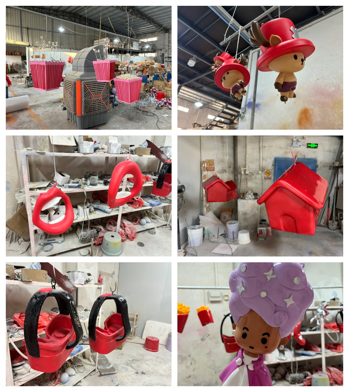 Six-image production overview showing the range of custom props fabricated by Samtop for the Netflix House Dallas Christmas installation, including oversized popcorn buckets, IP character ornaments, lip props, Netflix House icon props, headphone props, and hand-painted character figures, all at various stages of painting and finishing in the Samtop factory workshop