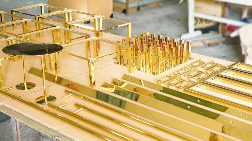 gold PVD stainless steel components for luxury perfume display fixture 12.jpg Challenge 2 / PVD finish detail Gold-finished support components engineered for a luxury perfume display.