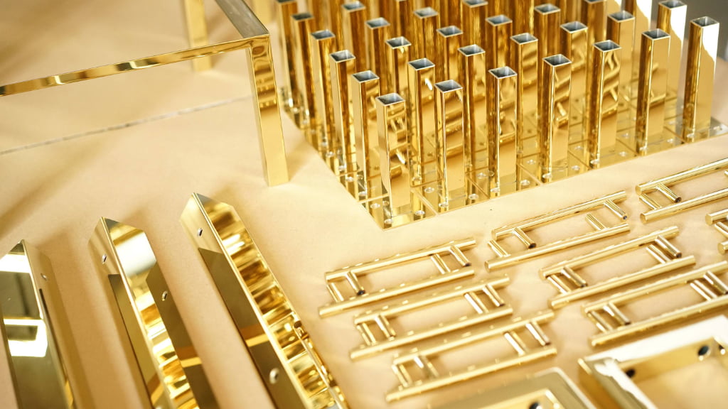 PVD gold metal components for premium perfume display fixture