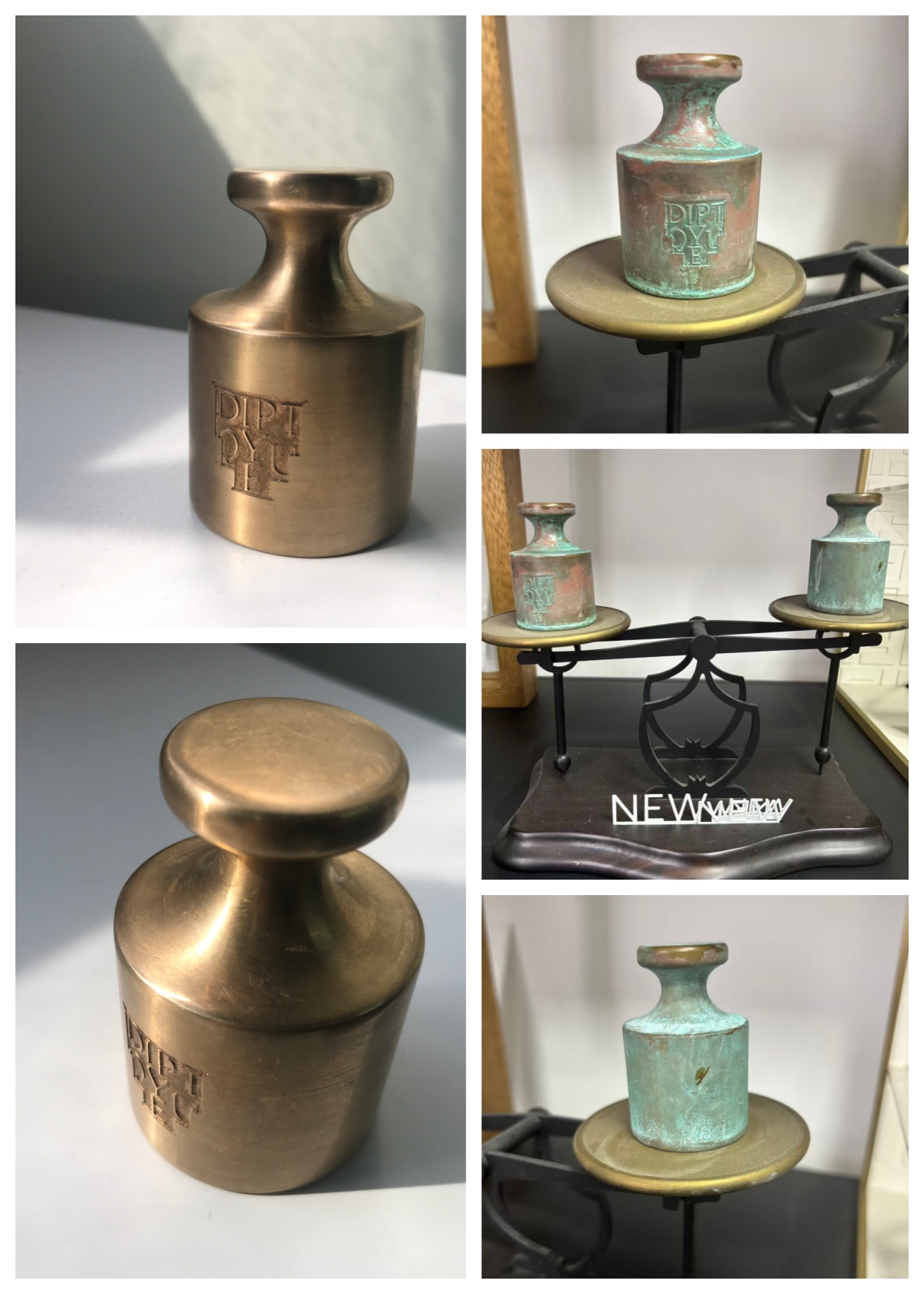 Perfume display stand brass component comparing protected finish with visible oxidation and green patina