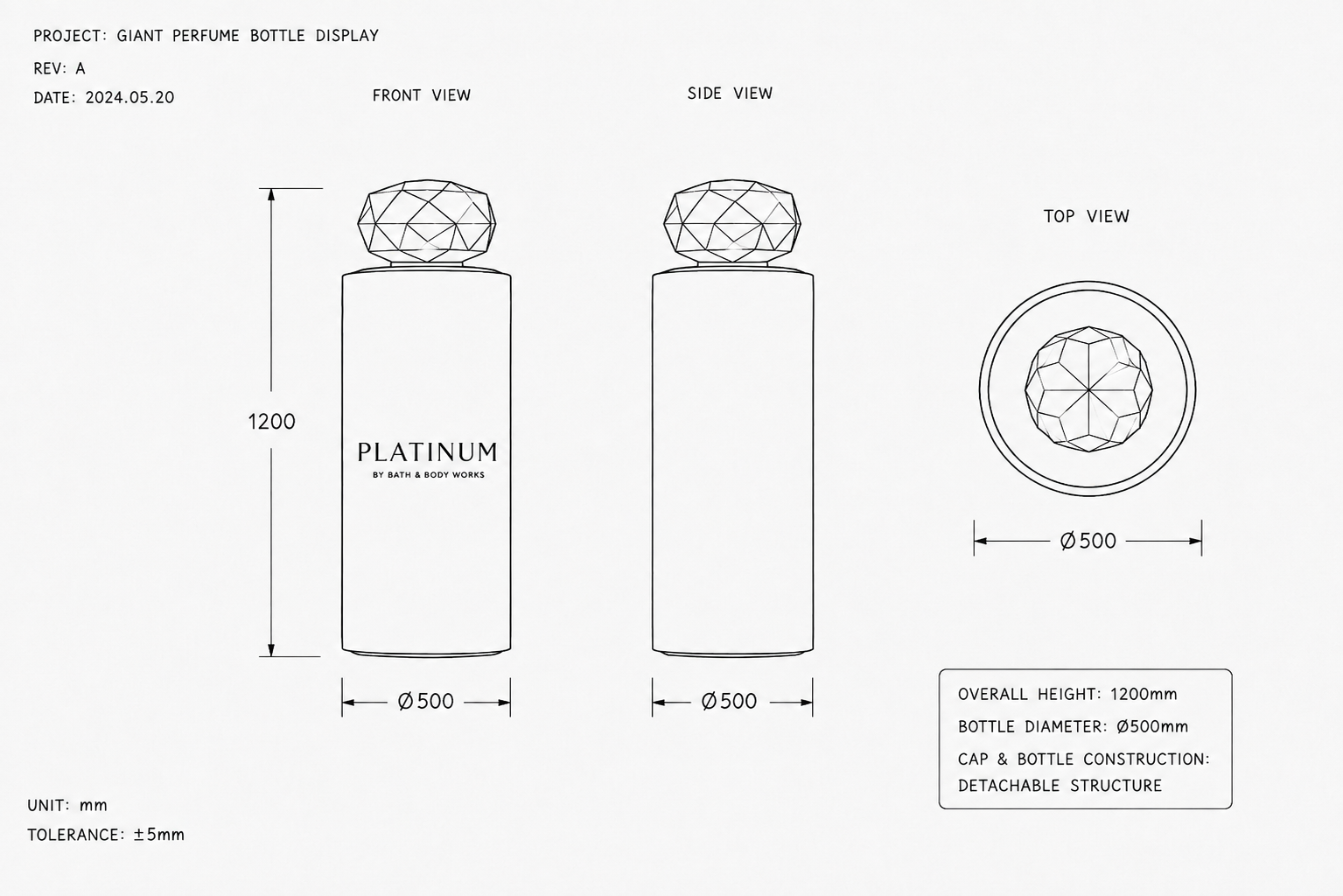 Engineering drawing for a 1200mm giant perfume bottle display with detachable structure