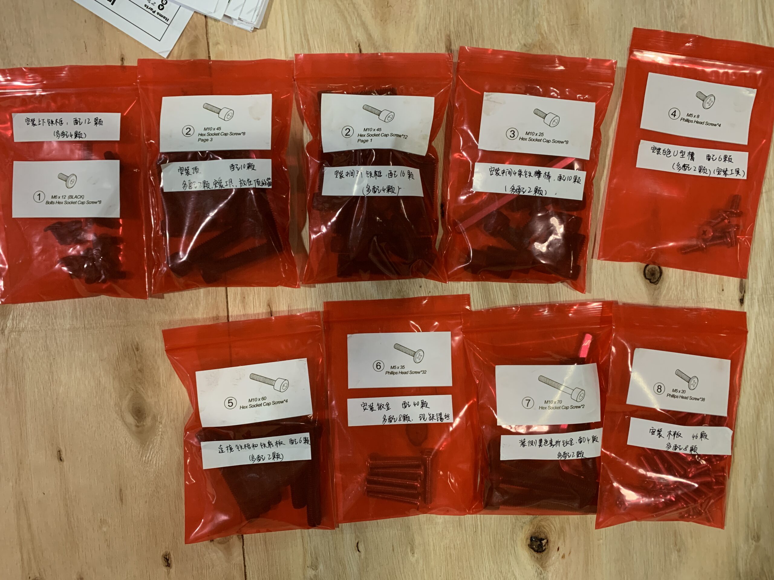 Labeled and sorted hardware packs for freestanding display installation