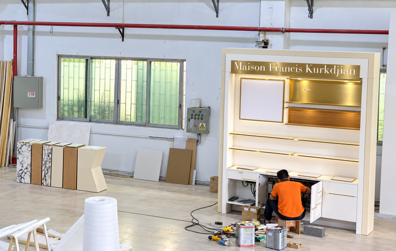 Large retail display during workshop assembly preparation