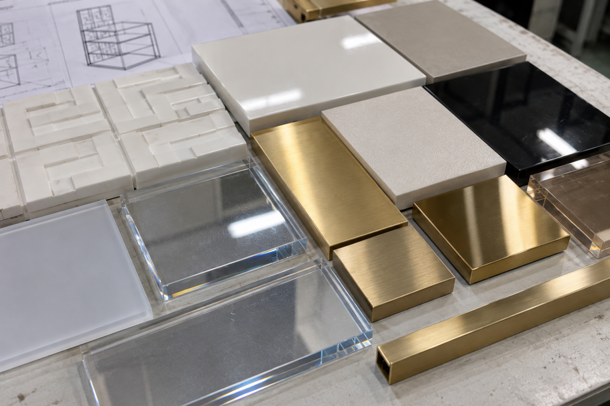 Physical finish samples showing color and gloss comparison across painted MDF, coated metal and acrylic surfaces under consistent lighting