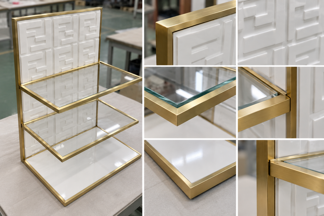 Assembled retail display prototype showing multi-material joints between painted MDF, metal frame and acrylic -- checking gaps, edges and fixing points