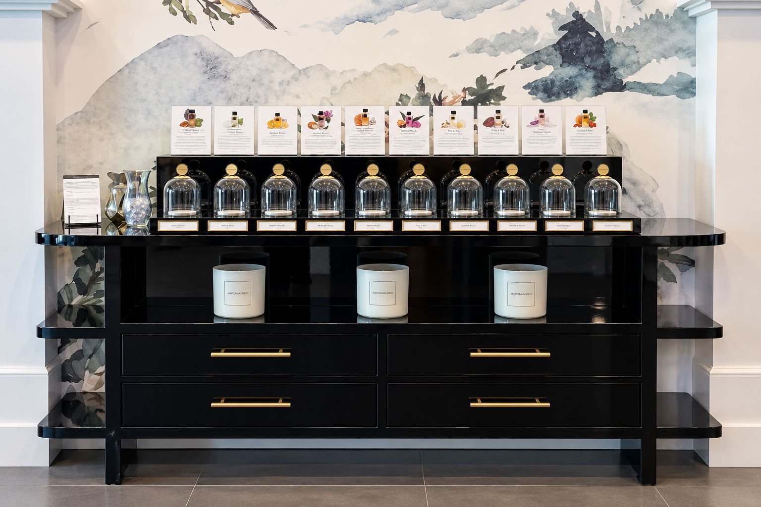 Completed multi-material fragrance retail display in retail environment -- high-gloss black body, clear covers and gold decorative details