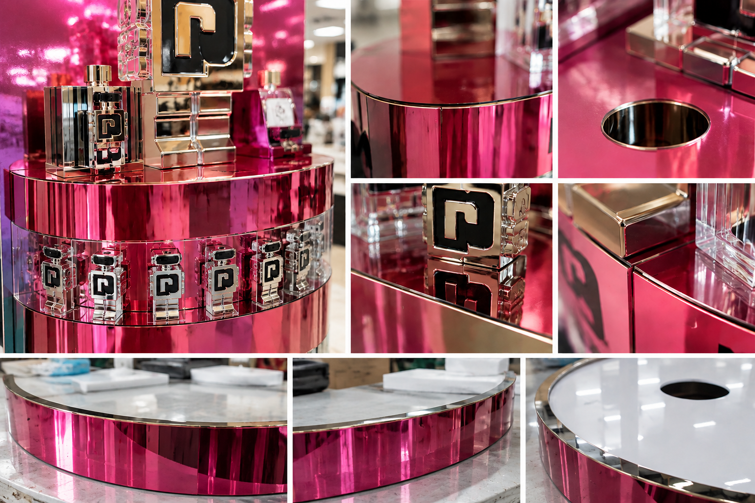 Mirror acrylic panel with printed logo installed on assembled counter display -- checking graphic alignment relative to metal trim, product openings and adjacent components