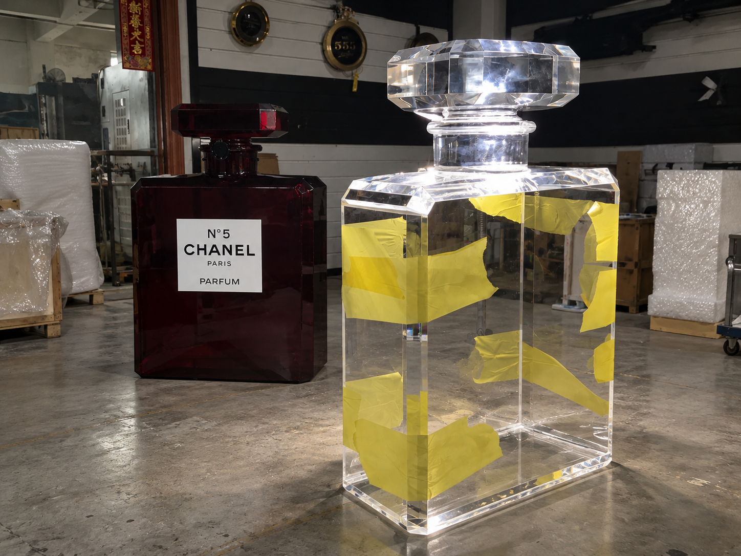 Oversized transparent perfume bottle display with thick clear edges and a faceted cap during custom retail display production.